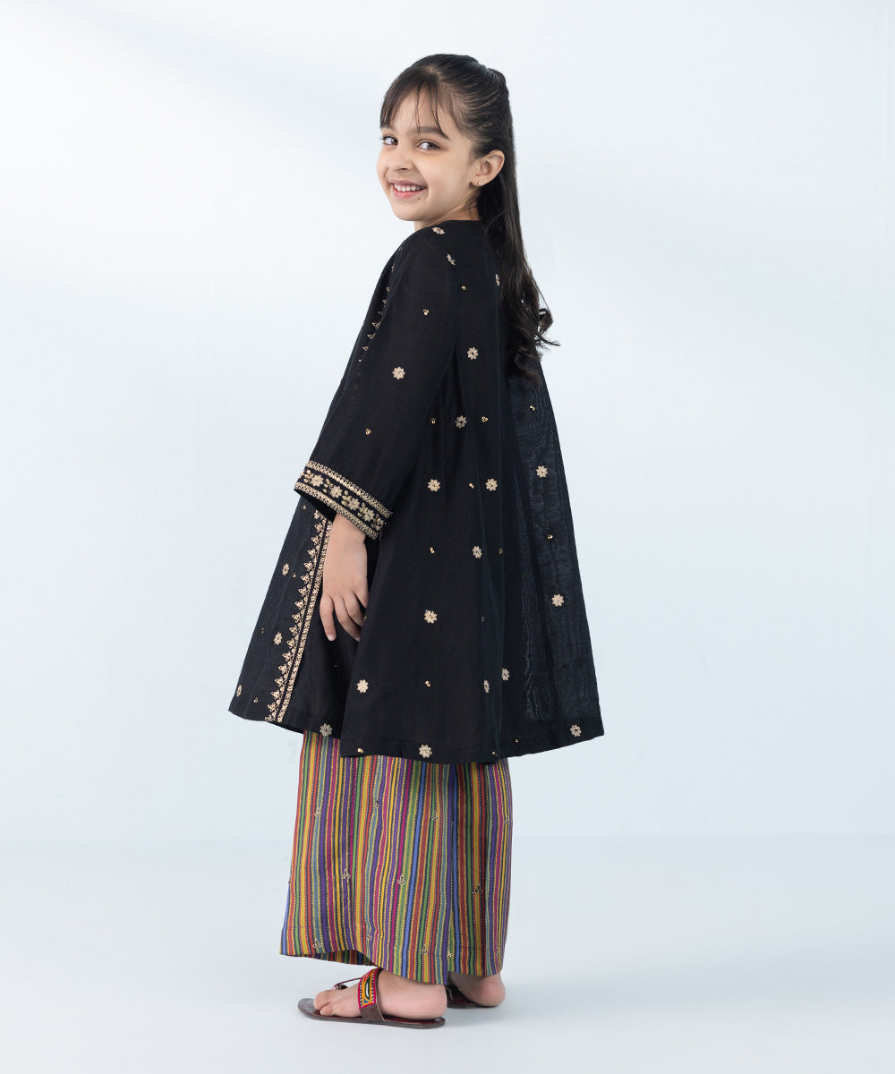 Kids East Girl's Black & Multi 2 Piece Embroidered Silk Cotton Net Suit