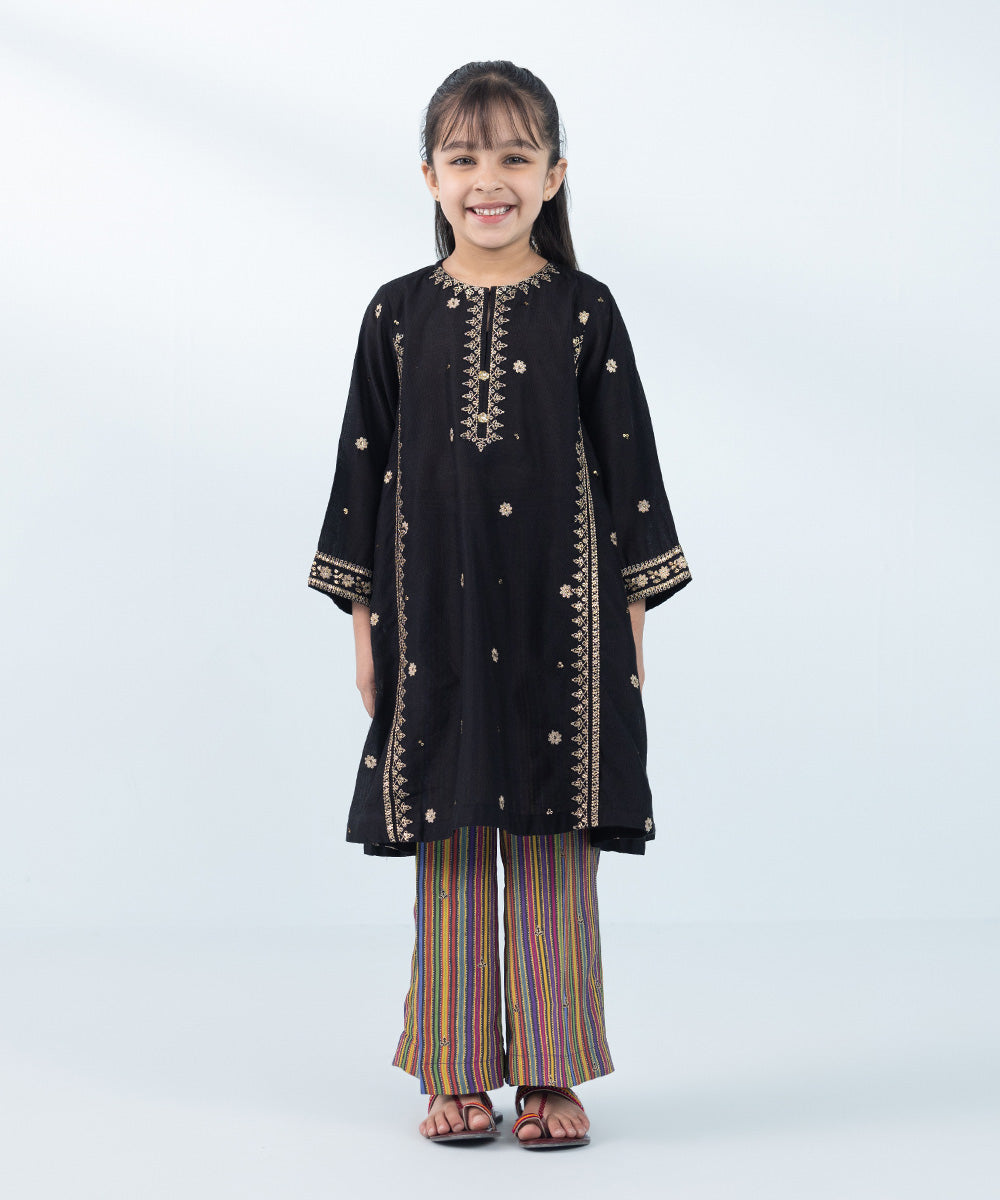 Kids East Girl's Black & Multi 2 Piece Embroidered Silk Cotton Net Suit