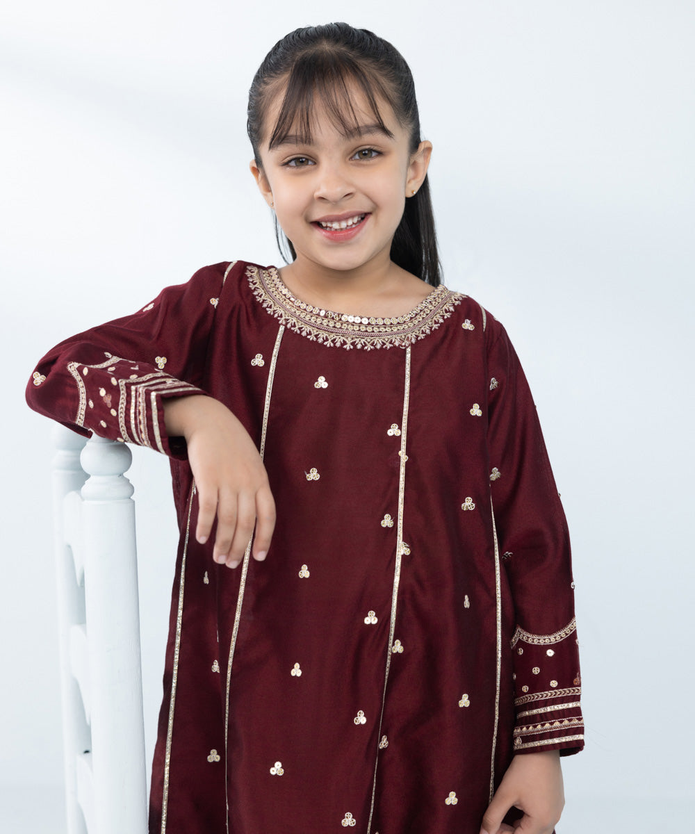 Kids East Girl's Maroon & Multi 2 Piece Embroidered Silk Cotton Net Suit