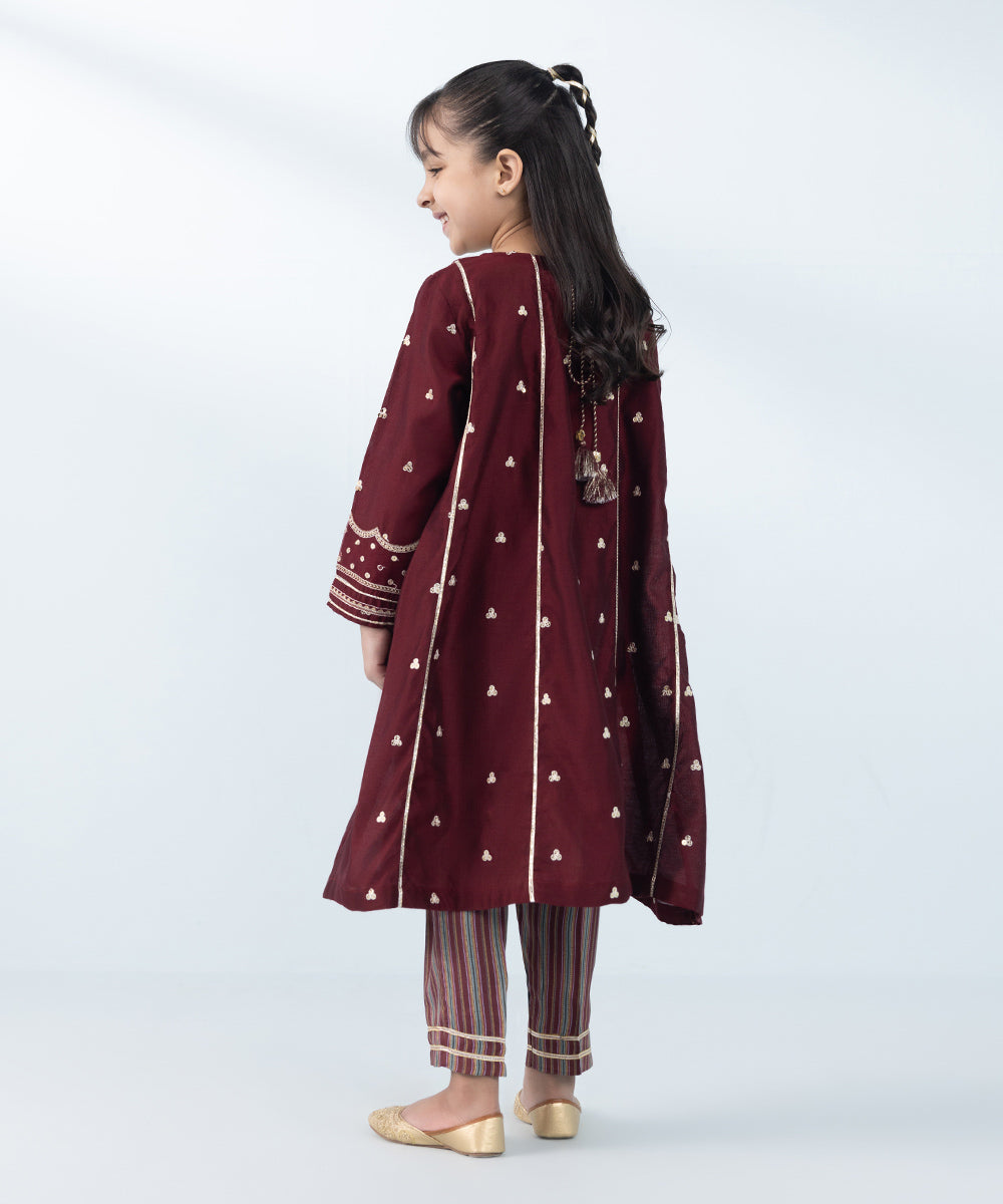 Kids East Girl's Maroon & Multi 2 Piece Embroidered Silk Cotton Net Suit