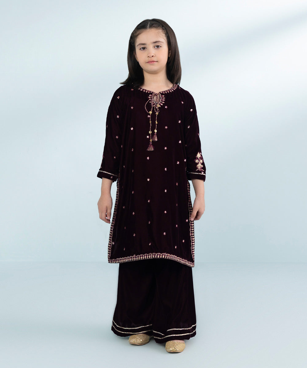 Girls 2 Piece Dyed Embroidered Velvet Suit in Red