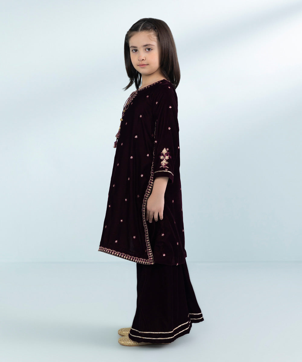 Girls 2 Piece Dyed Embroidered Velvet Suit in Red