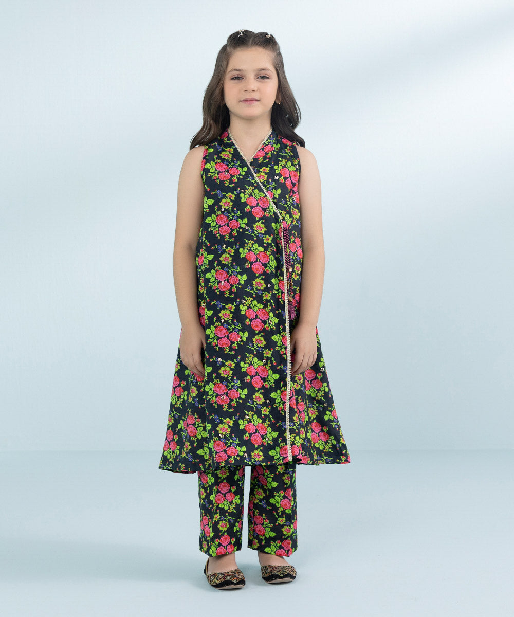 Girls 2 Piece Printed Viscose Raw Silk Suit in Black 