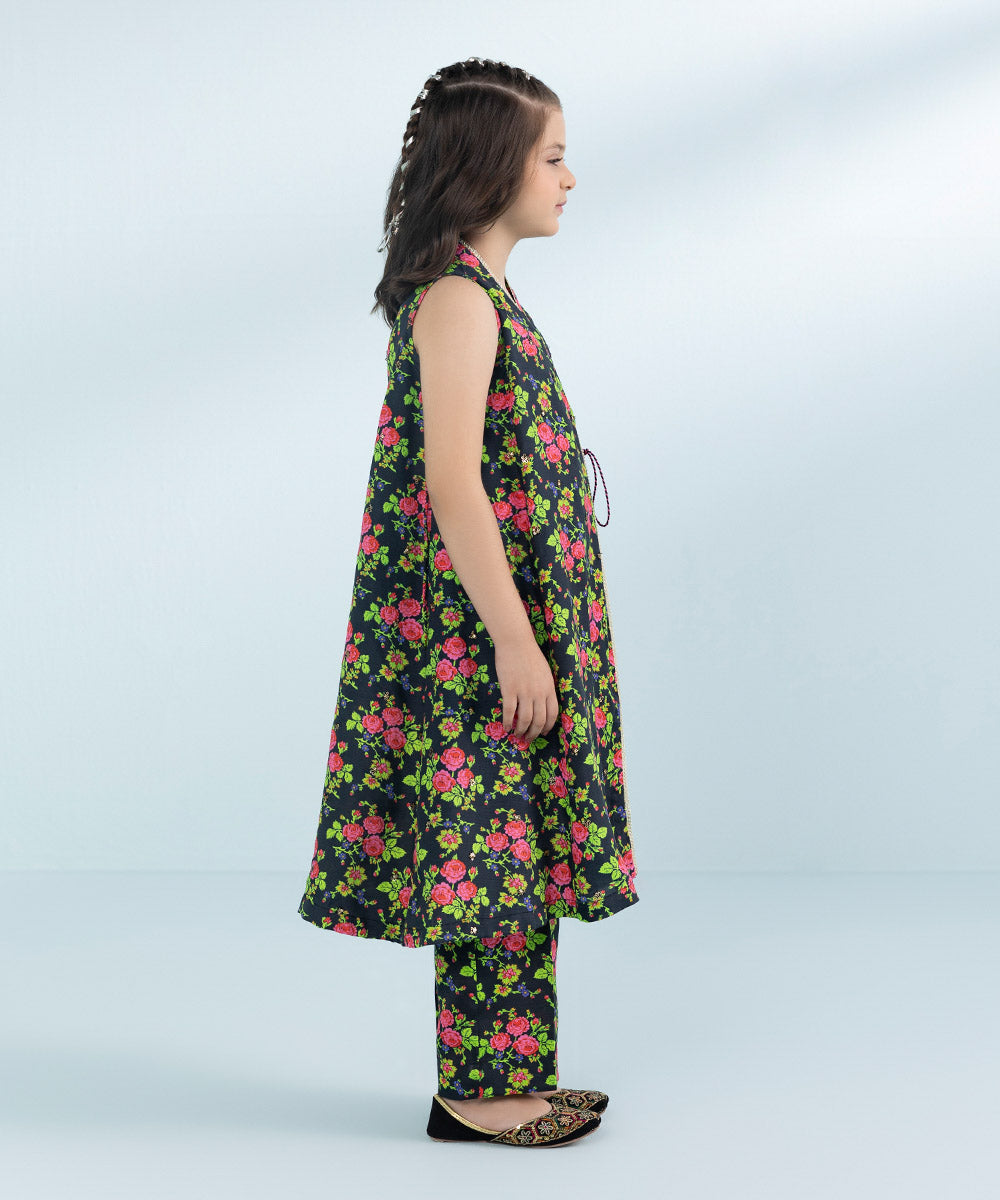 Girls 2 Piece Printed Viscose Raw Silk Suit in Black 