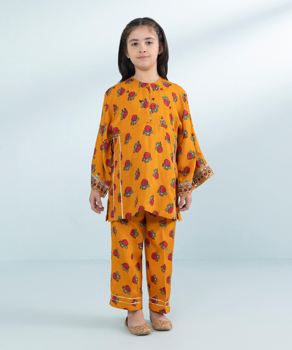 Girls 2 Piece Printed Embroidered Viscose Raw Silk Suit in Orange