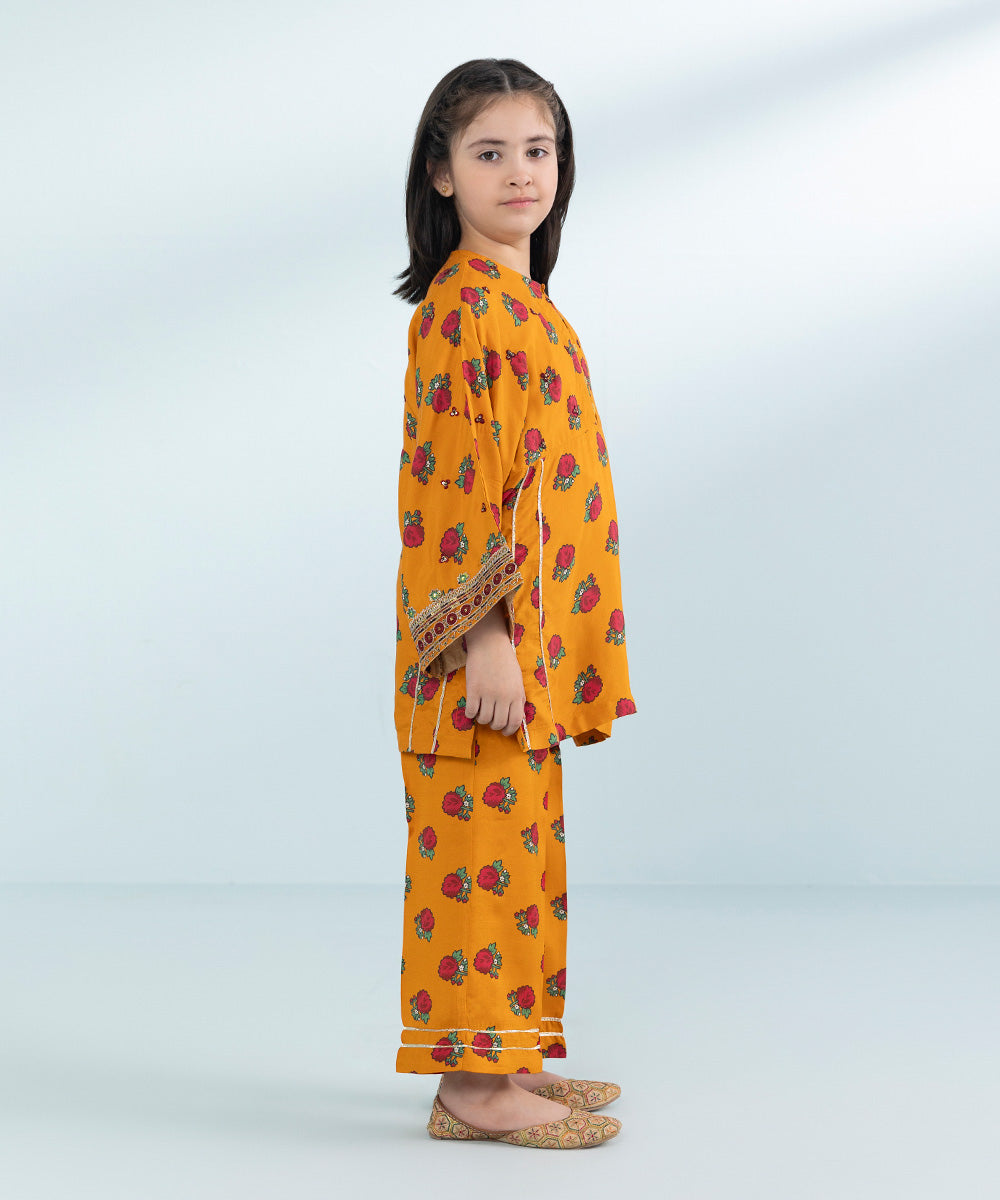 Girls 2 Piece Printed Embroidered Viscose Raw Silk Suit in Orange