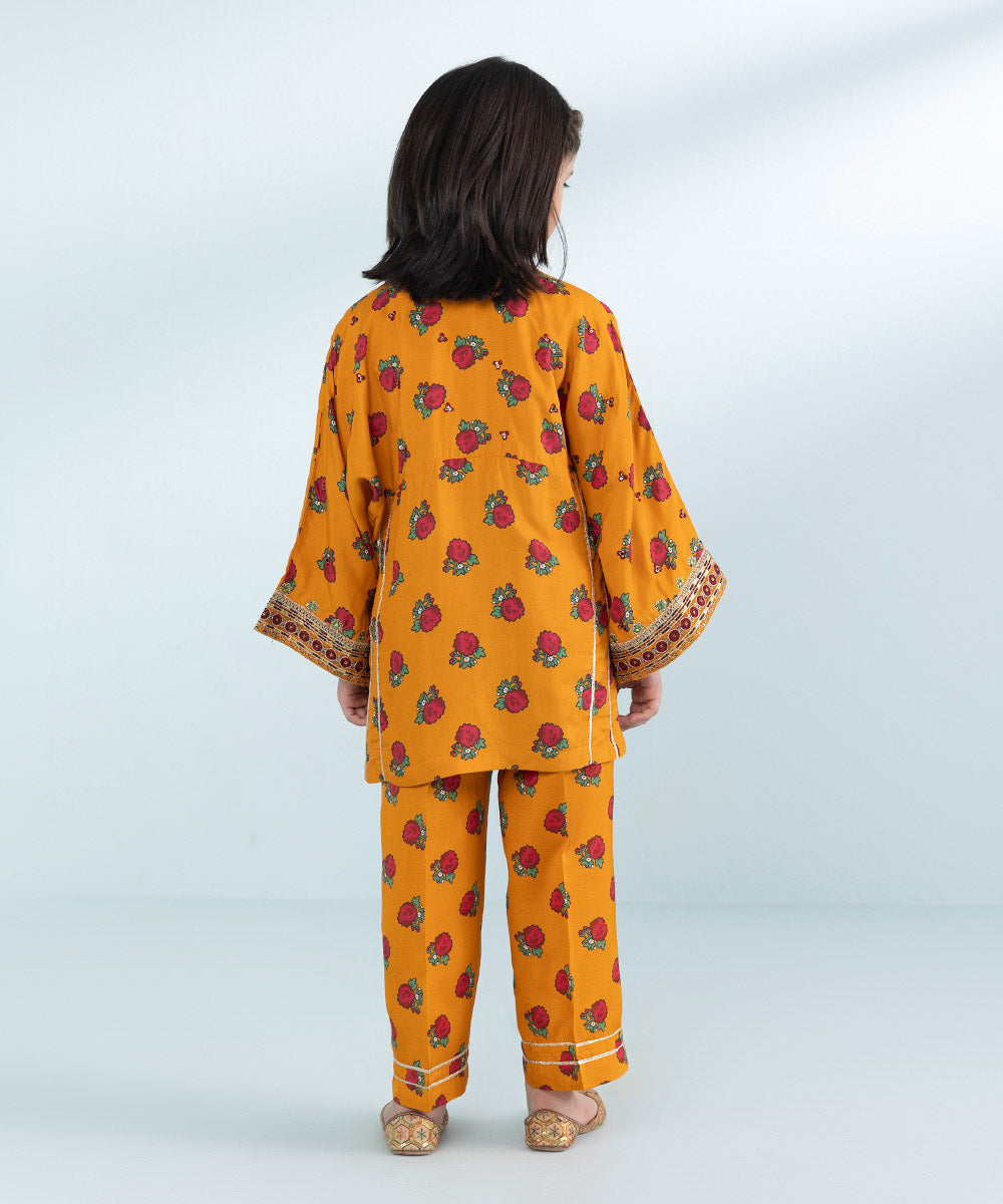 Girls 2 Piece Printed Embroidered Viscose Raw Silk Suit in Orange