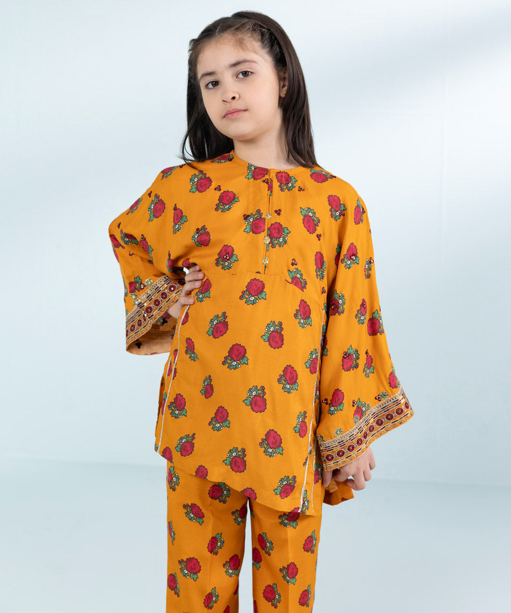 Girls 2 Piece Printed Embroidered Viscose Raw Silk Suit in Orange