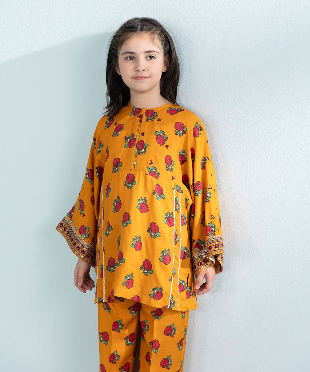 Girls 2 Piece Printed Embroidered Viscose Raw Silk Suit in Orange