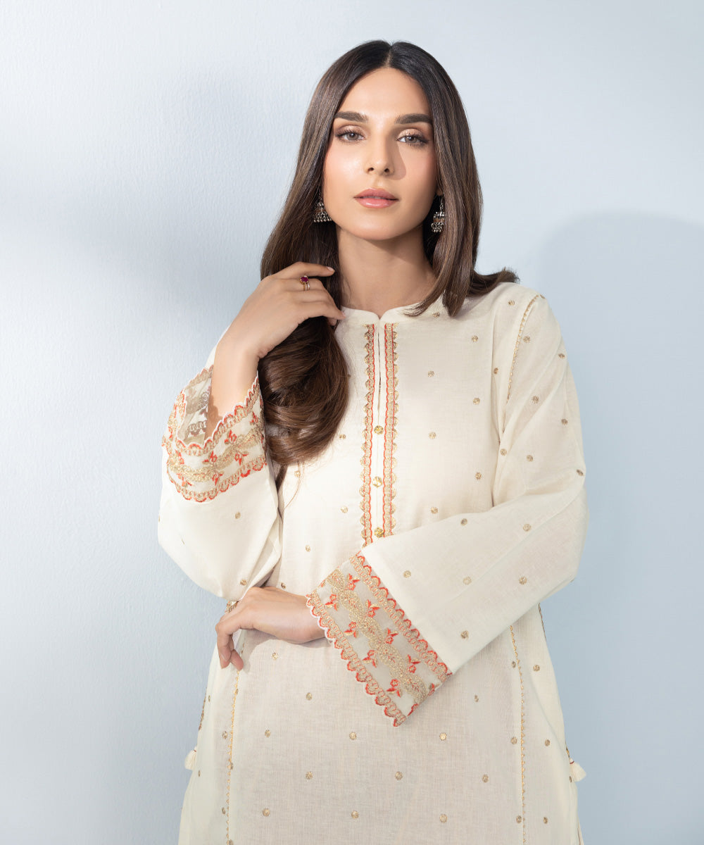 Women's Off-White & Multi 2 Piece Embroidered Khaddar Suit