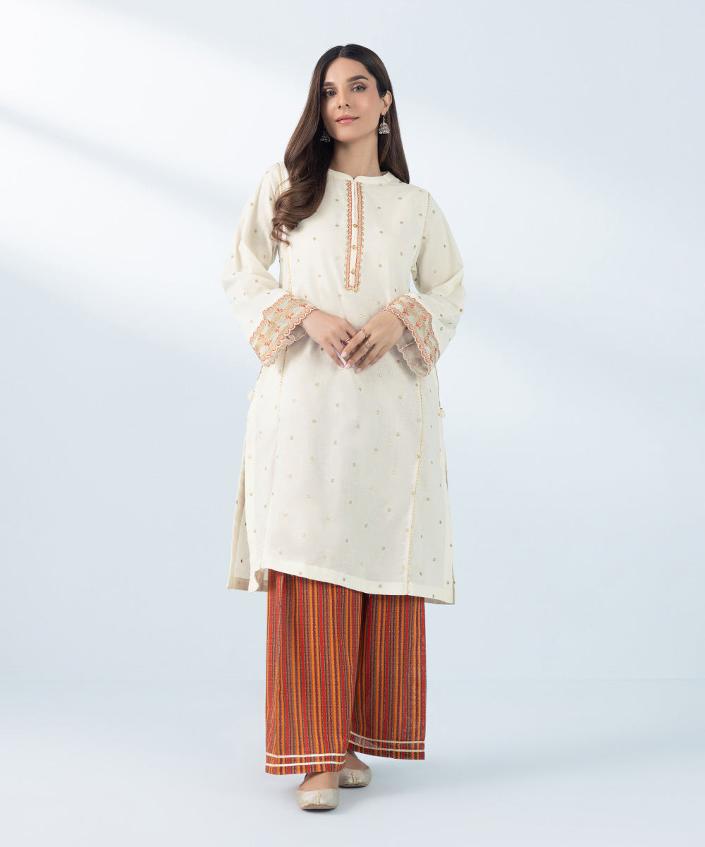 Women's Off-White & Multi 2 Piece Embroidered Khaddar Suit