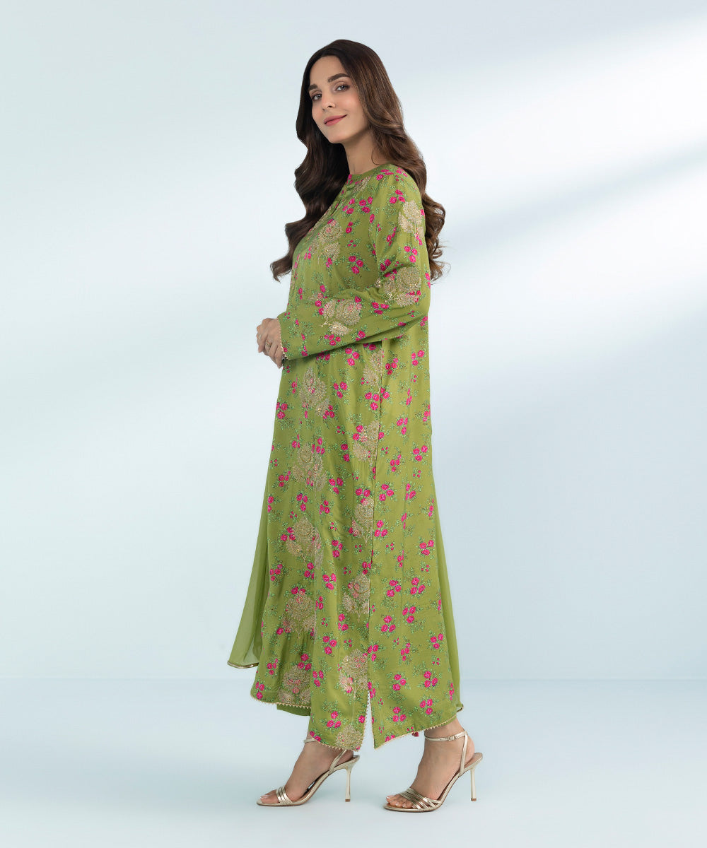 Women's 3 Piece Printed Embroidered Viscose Raw Silk Suit in Green