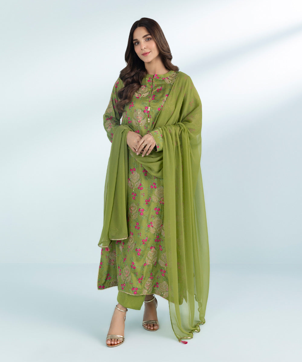 Women's 3 Piece Printed Embroidered Viscose Raw Silk Suit in Green