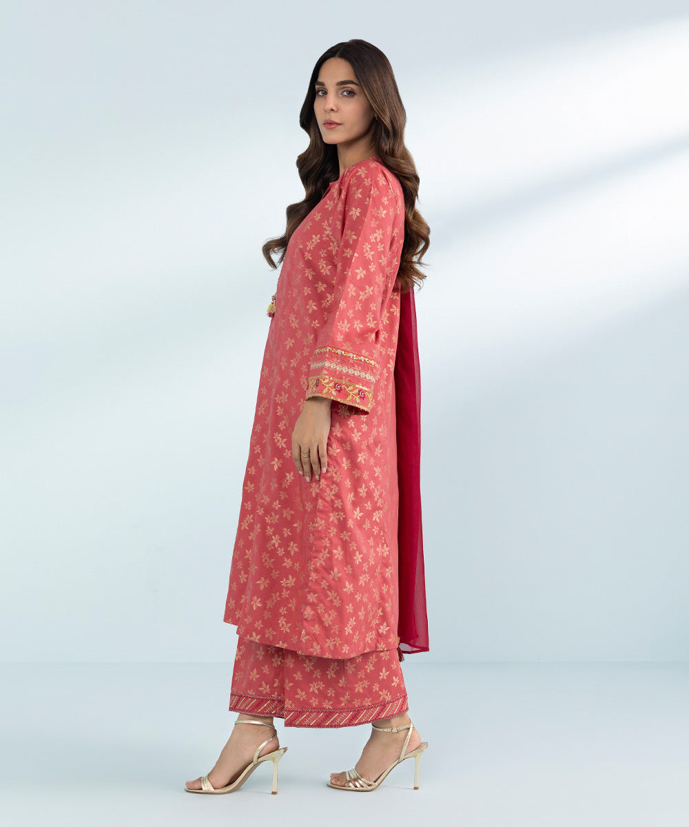 Women's 3 Piece Dyed Embroidered Jacquard Suit in Pink