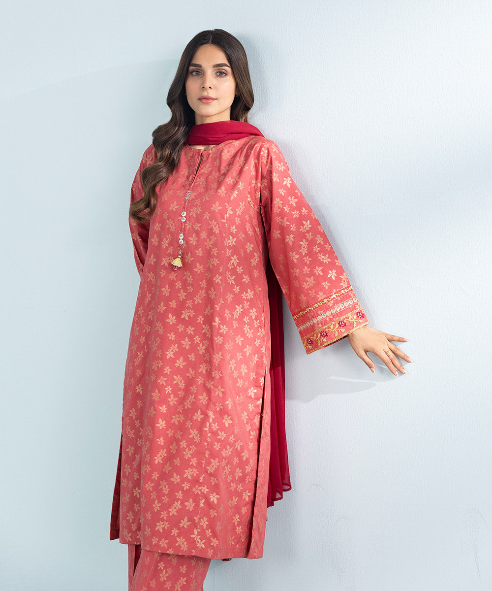 Women's 3 Piece Dyed Embroidered Jacquard Suit in Pink