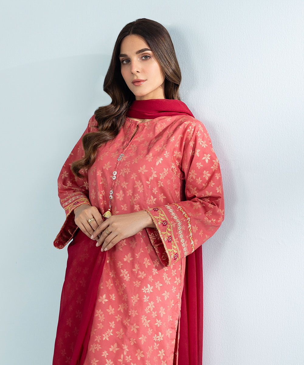 Women's 3 Piece Dyed Embroidered Jacquard Suit in Pink