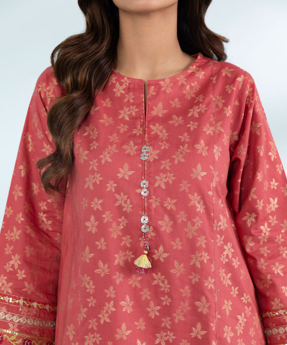 Women's 3 Piece Dyed Embroidered Jacquard Suit in Pink