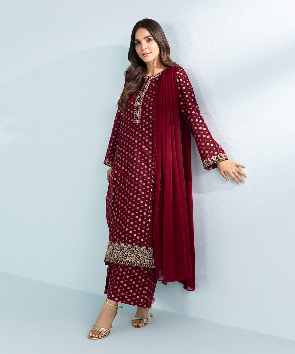 Women's 3 Piece Dyed Embroidered Jacquard Suit in Red