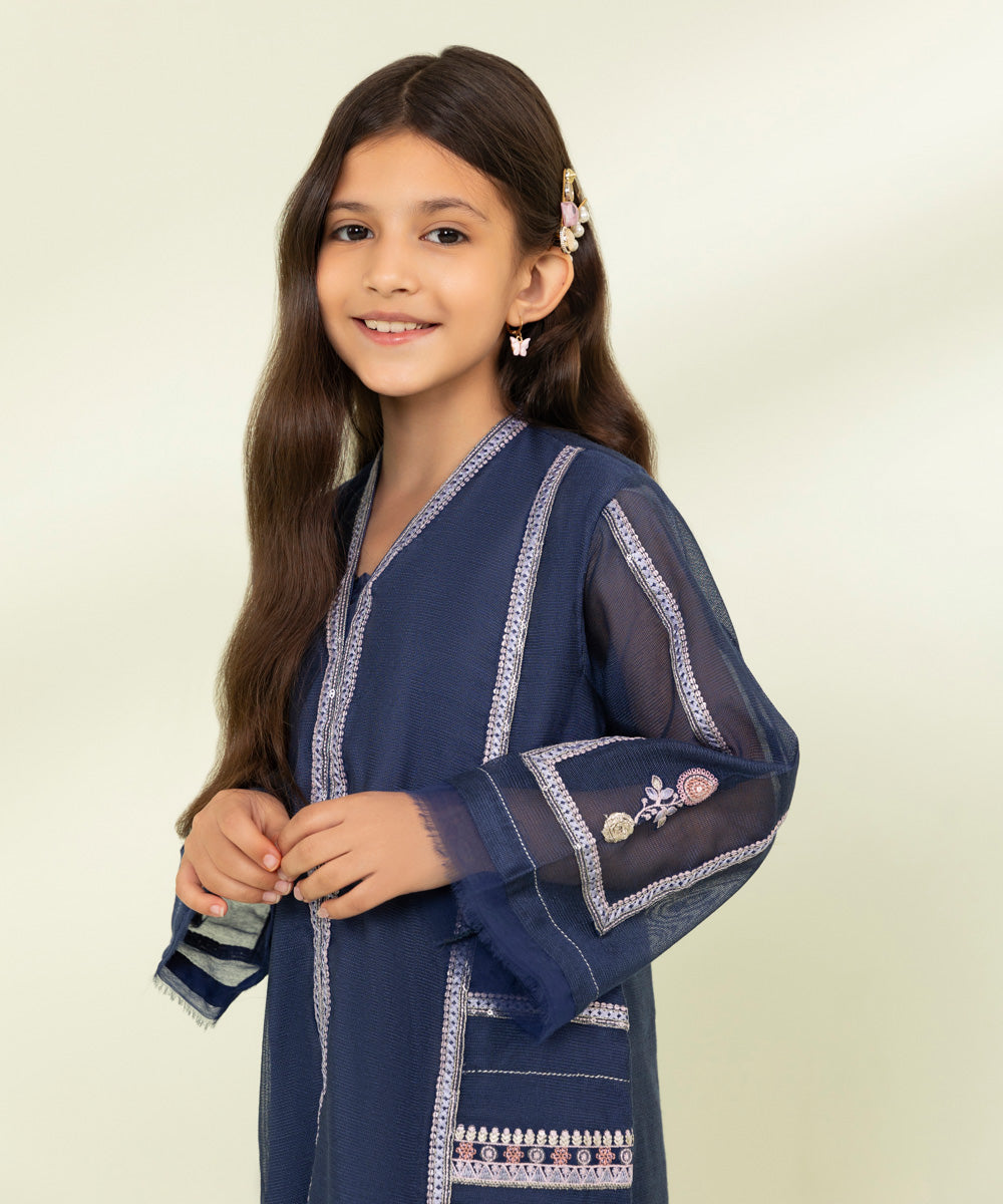 Kids East Girls Blue 2 Piece Embroidered Khaddi Net Suit