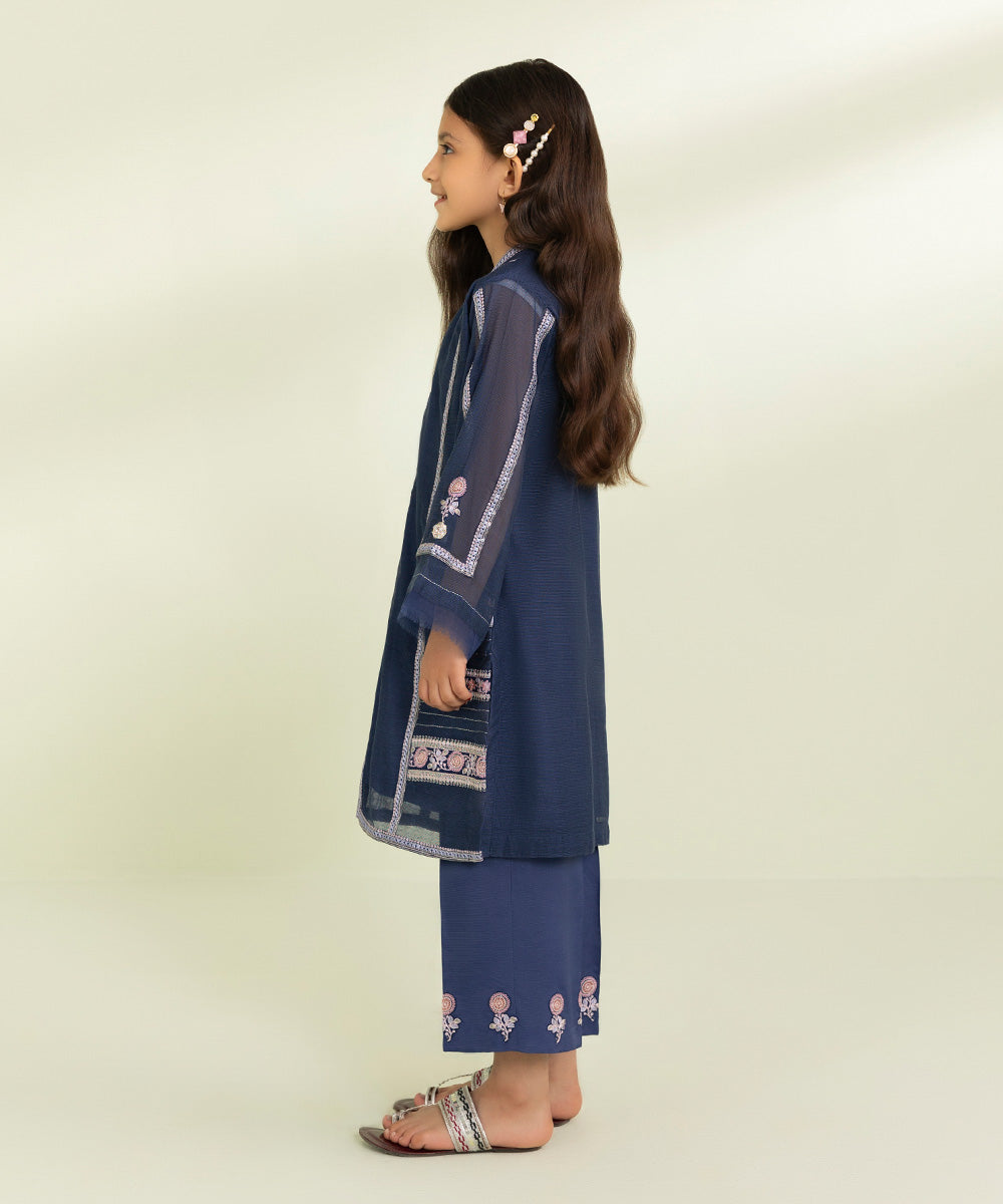 Kids East Girls Blue 2 Piece Embroidered Khaddi Net Suit