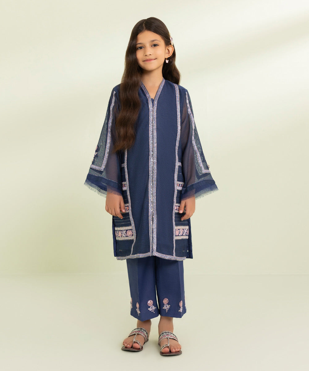 Kids East Girls Blue 2 Piece Embroidered Khaddi Net Suit