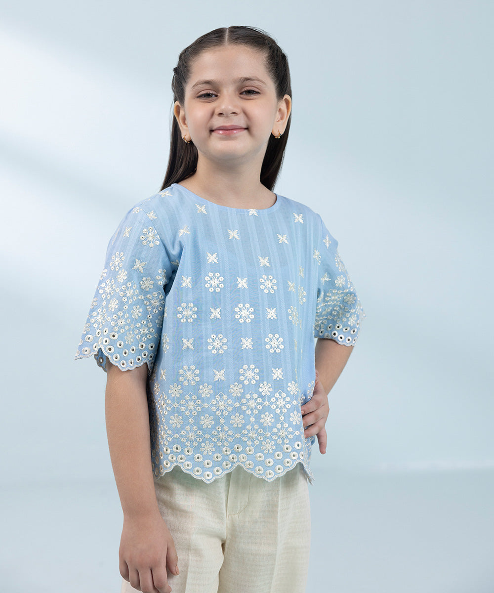 Kids East Girls Ice Blue  Embroidered Dobby Top 