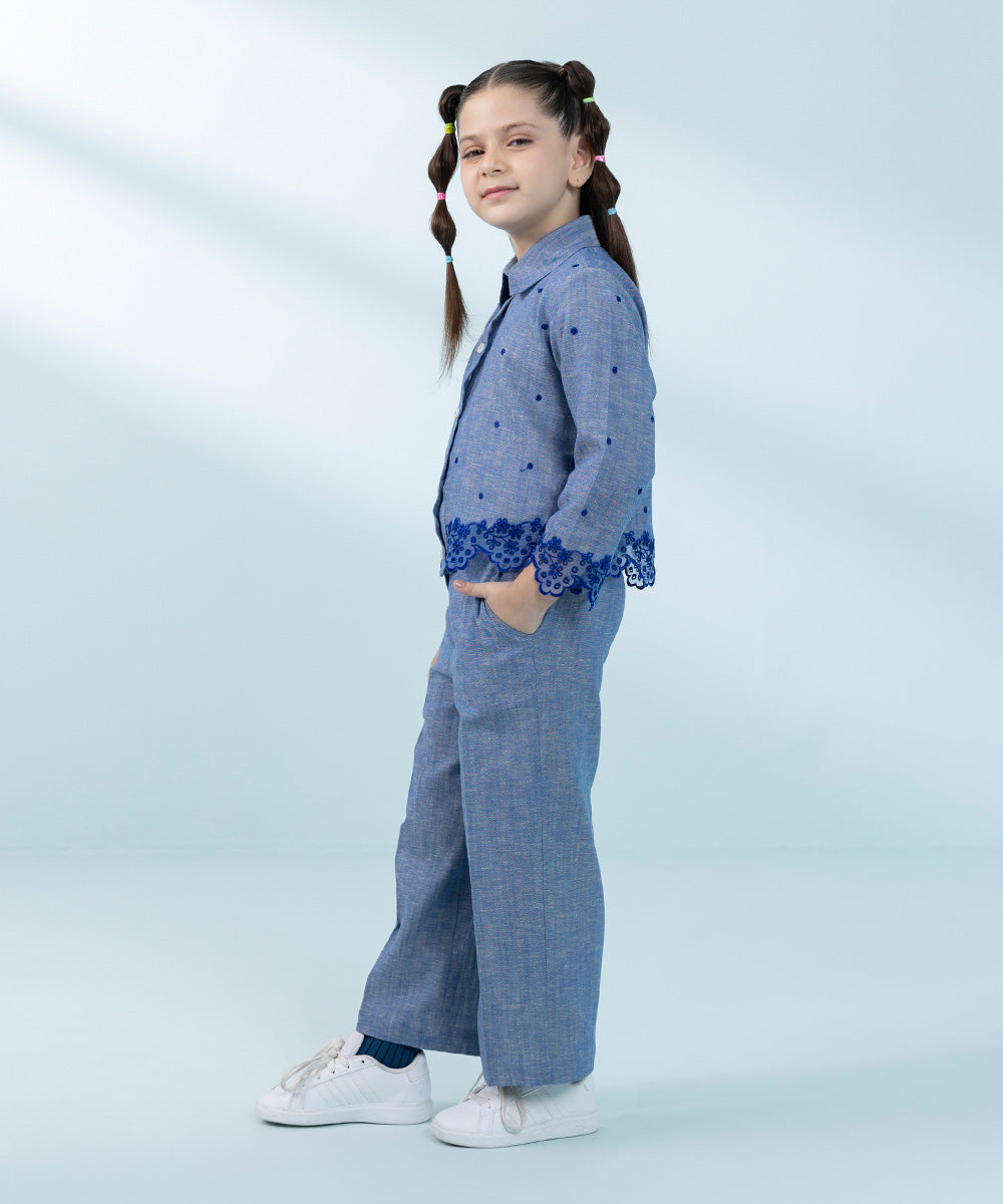 Kids East Girls Blue Embroidered Cotton Linen Set