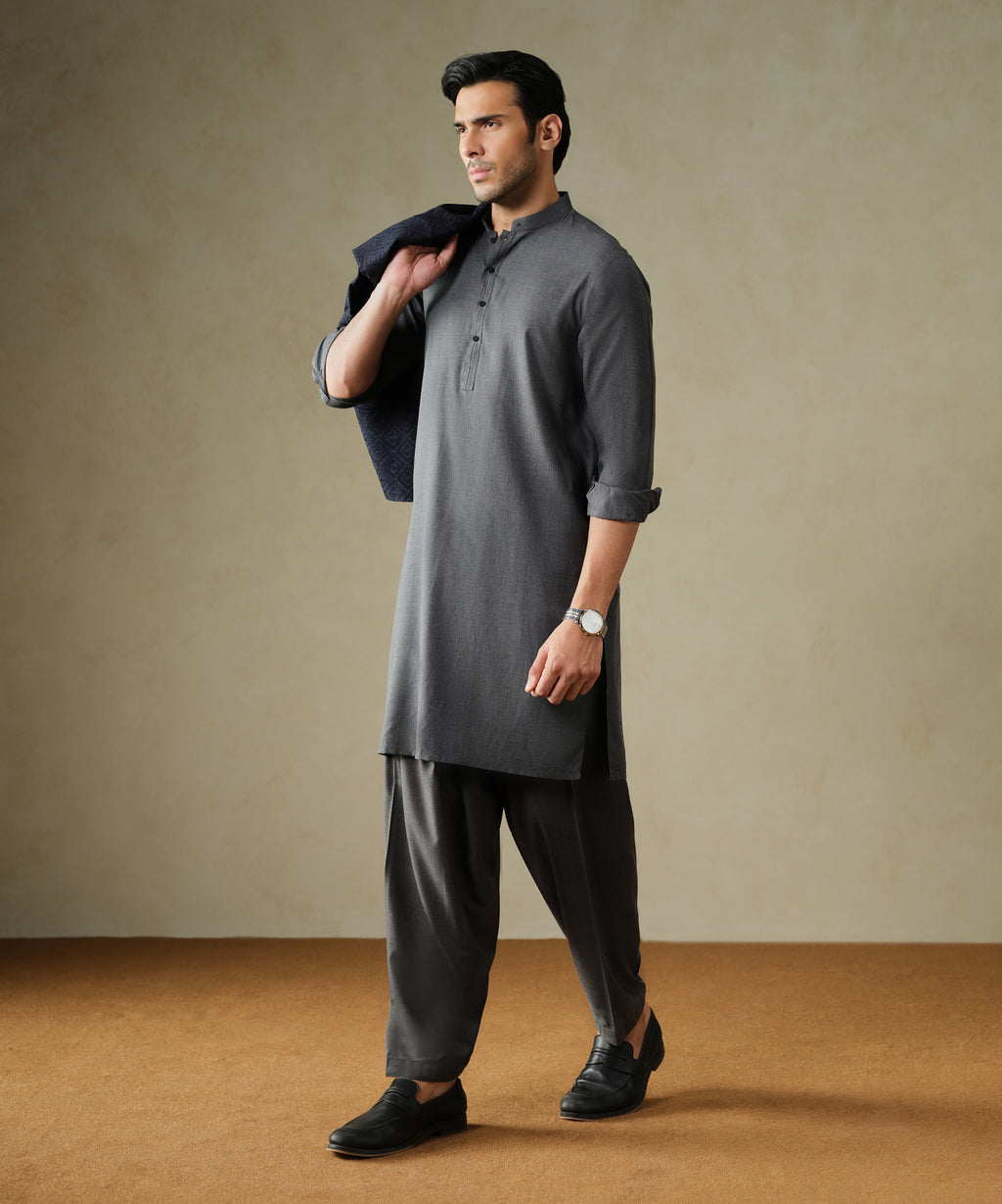 Men's Viscose Plain Charcoal Kurta Shalwar