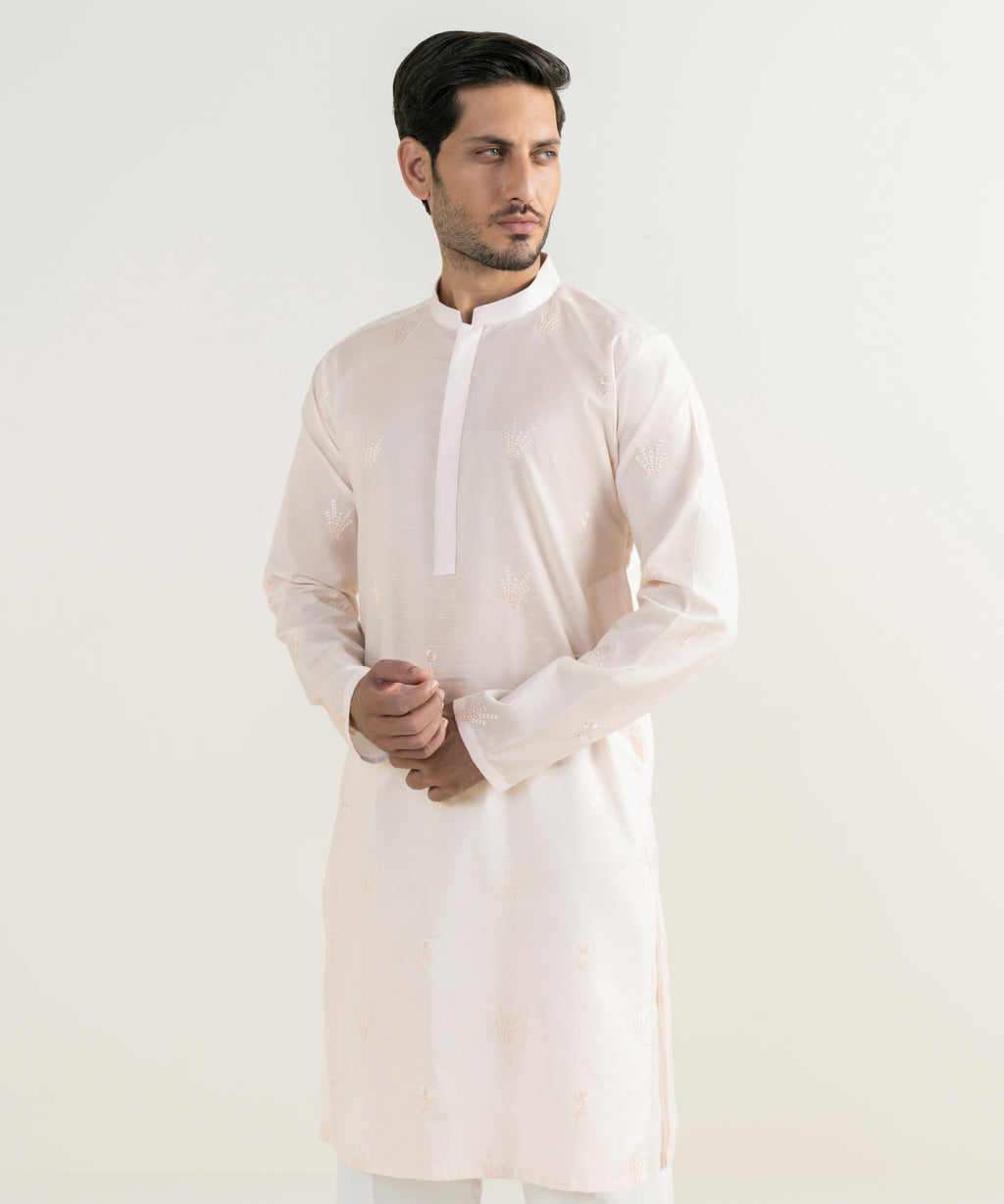 Men's 100% Cotton Embroidered Pink Kurta