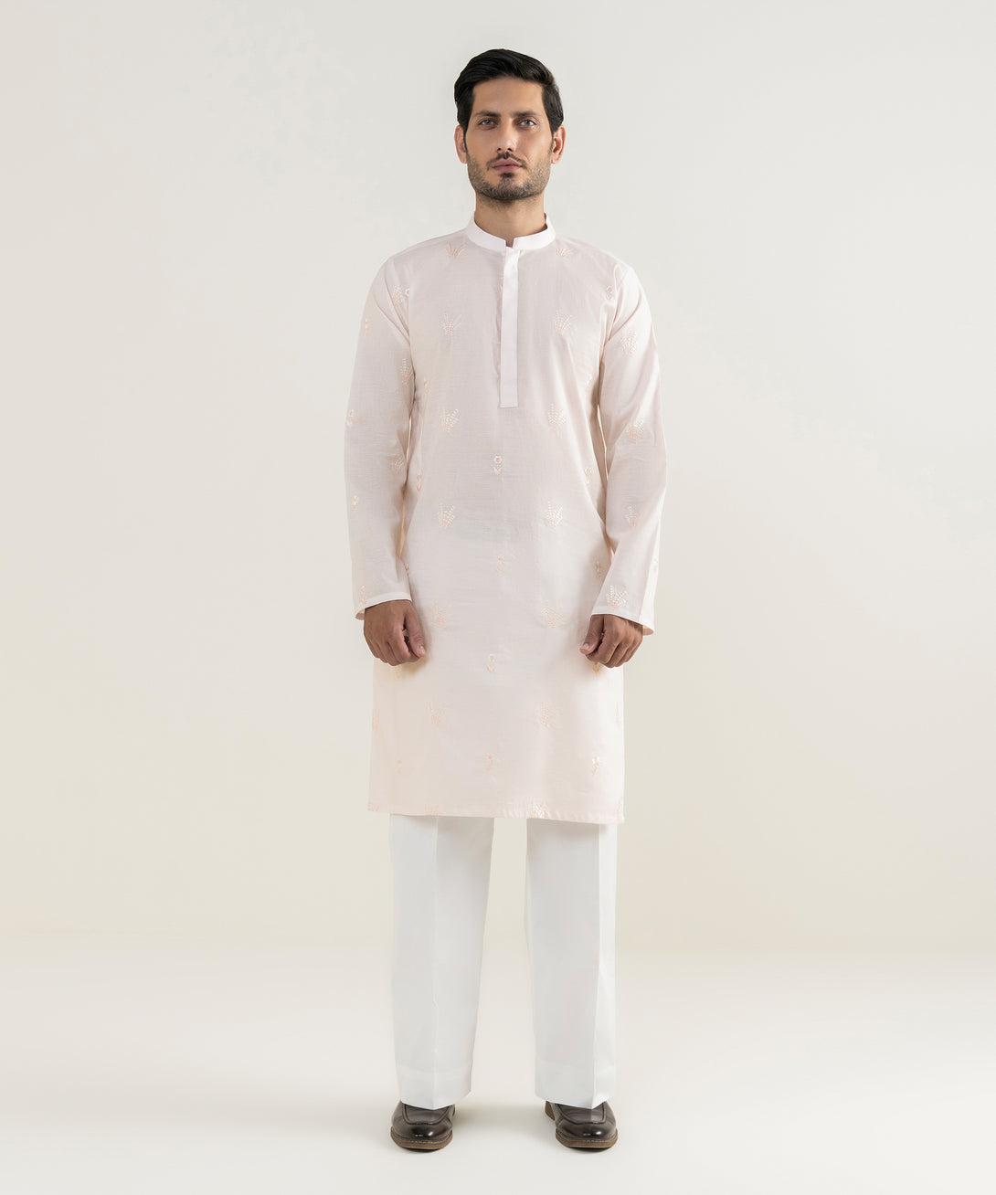 Men's 100% Cotton Embroidered Pink Kurta