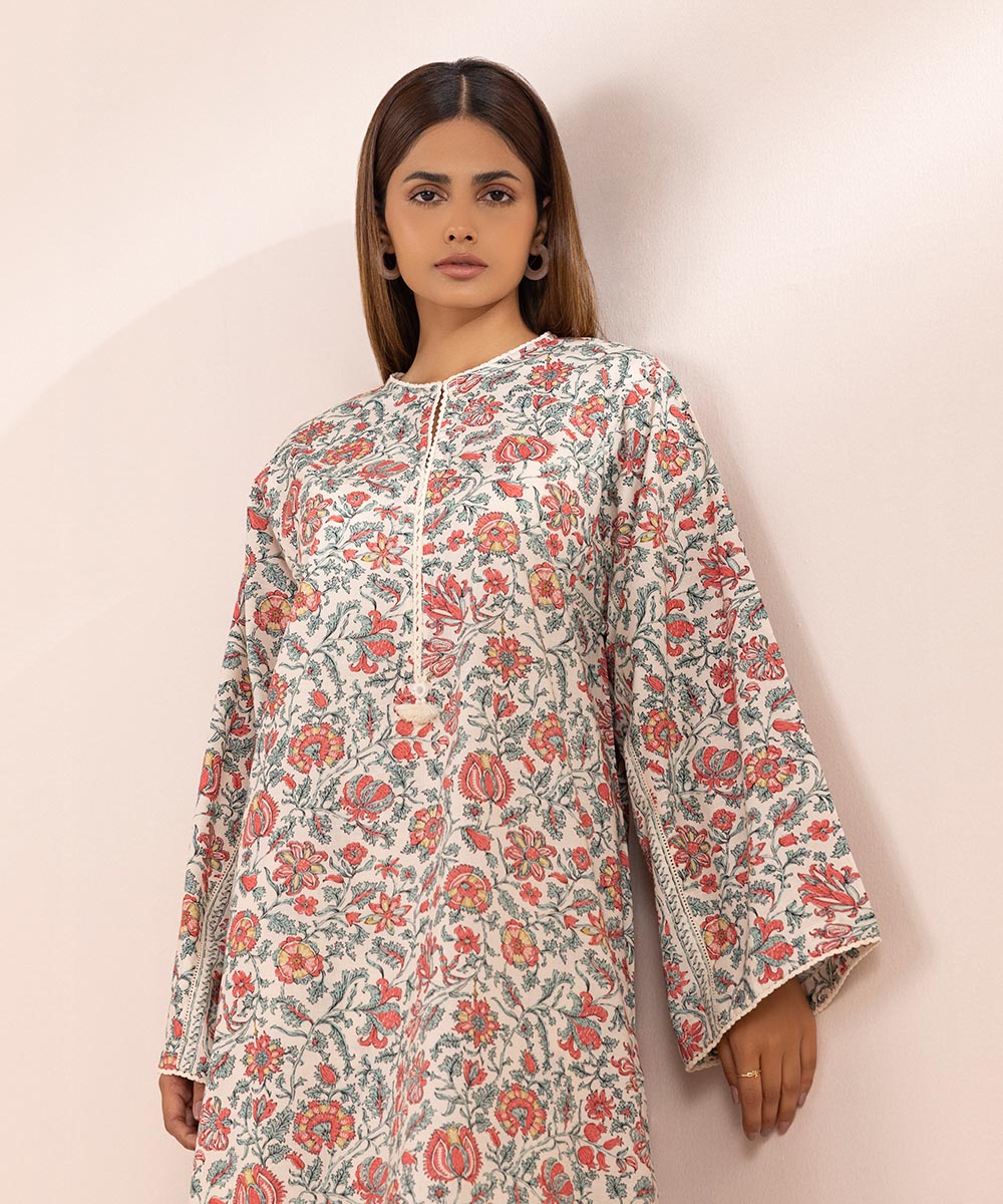 Women's Pret Textured Lawn Off White Printed Straight Shirt