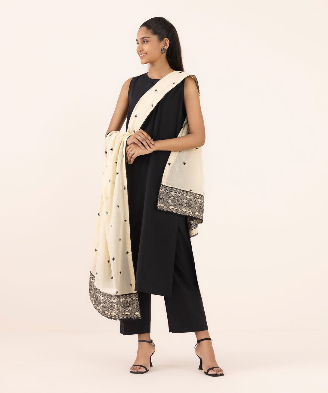 Fine Voile Off White Embroidered Dupatta