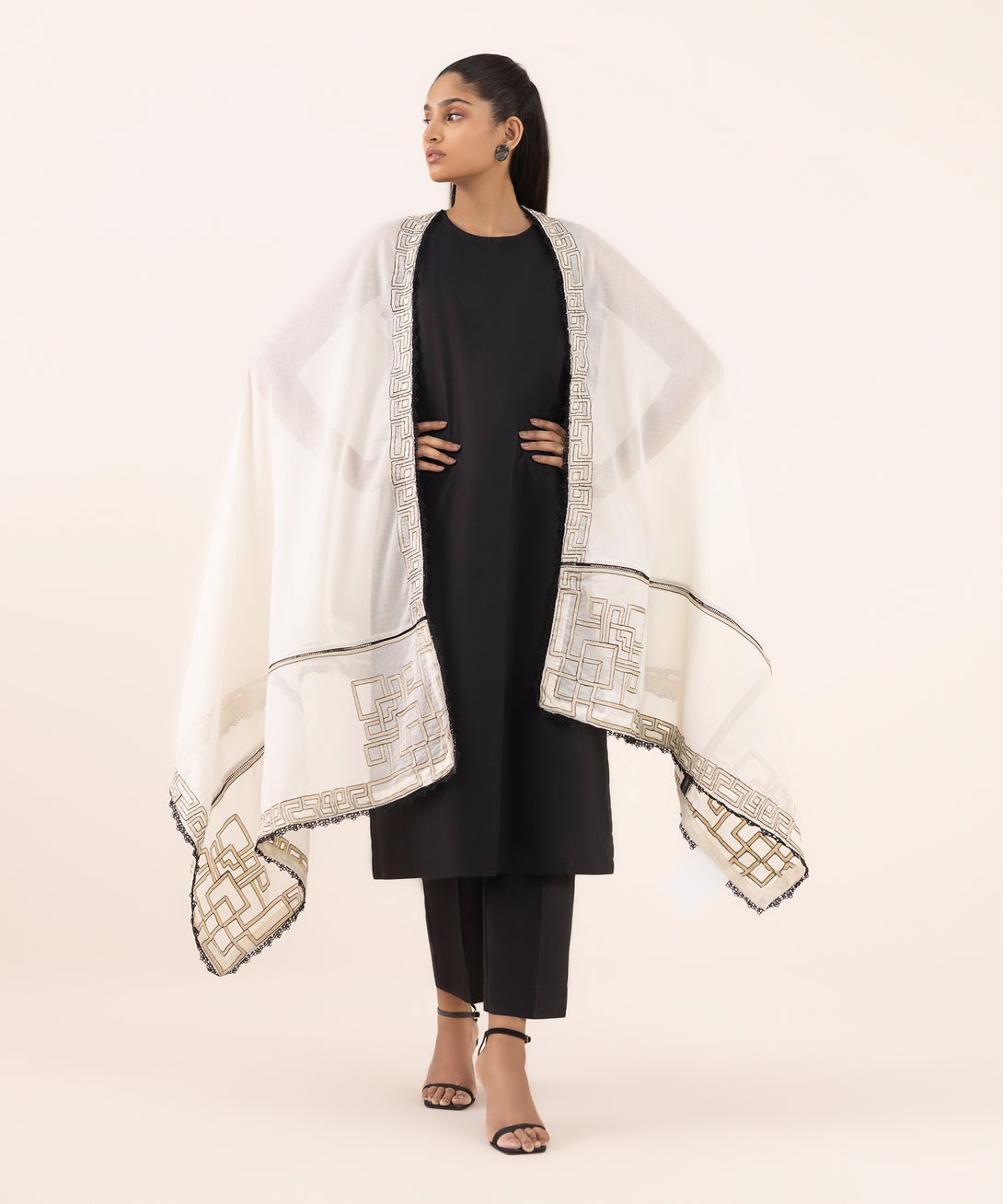 Fine Voile Off White Embroidered Dupatta