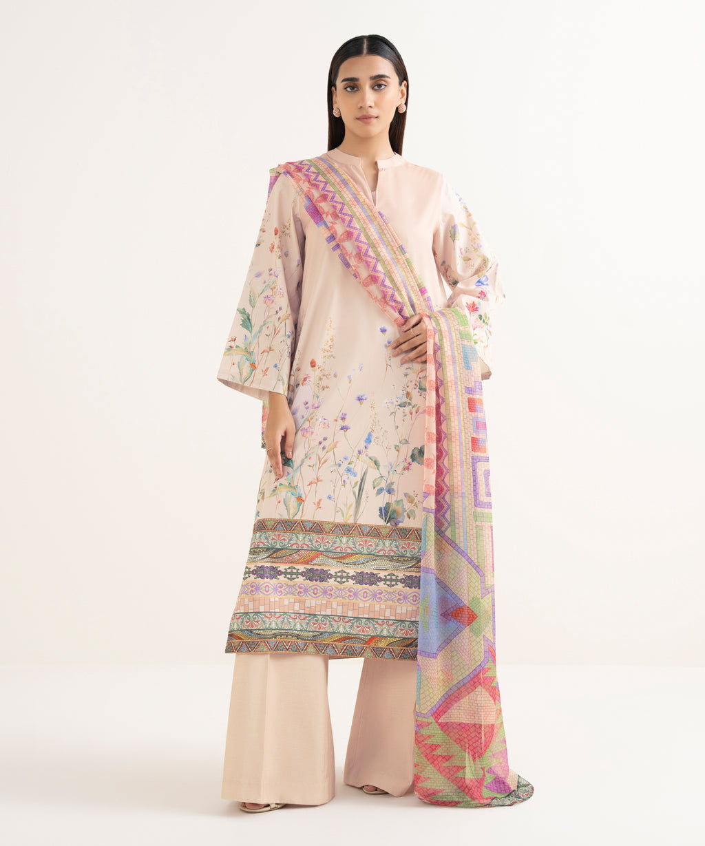 Women's Unstitched Lawn Printed Pink 3 Piece Suit