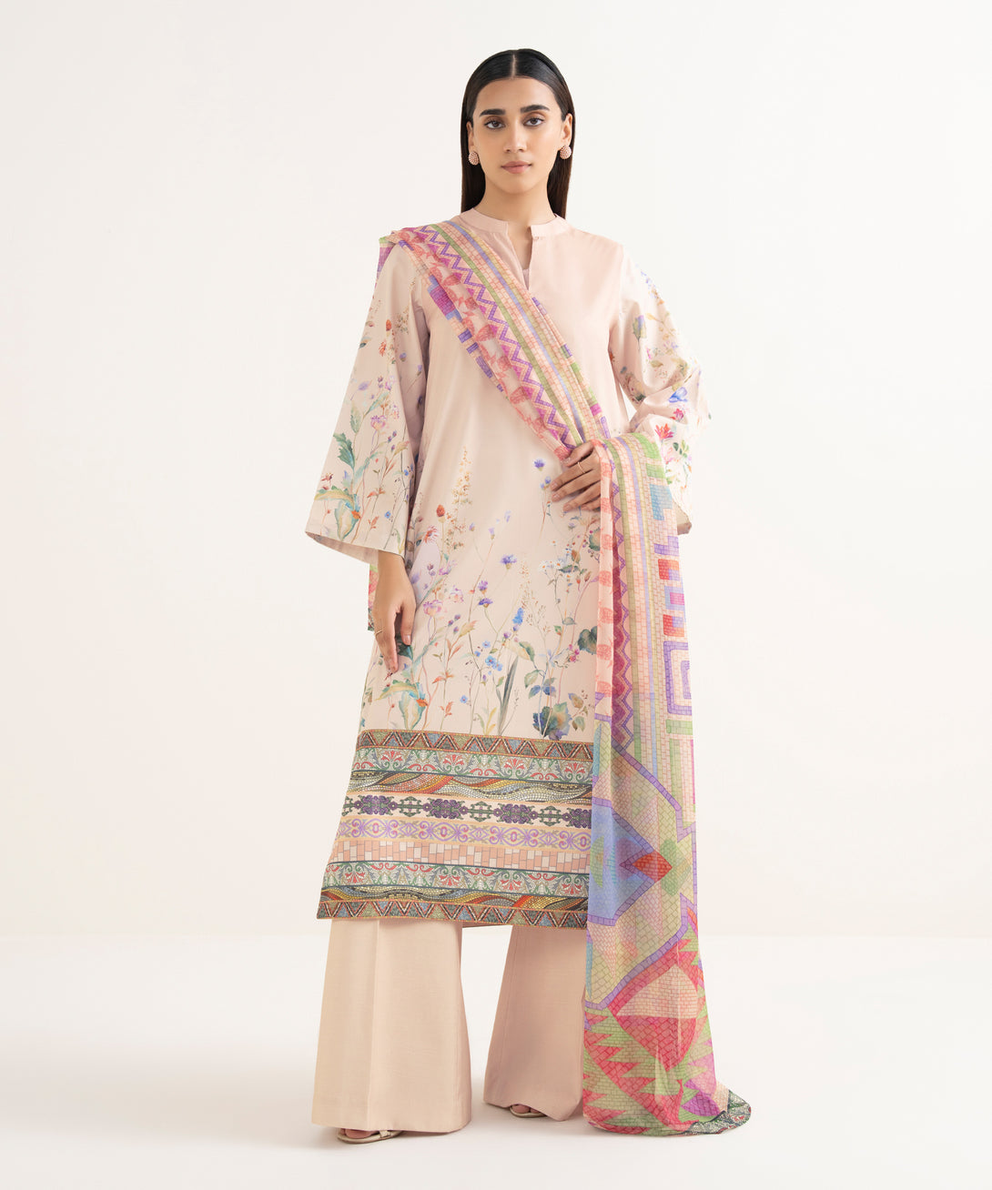 Women's Unstitched Lawn Printed Pink 3 Piece Suit