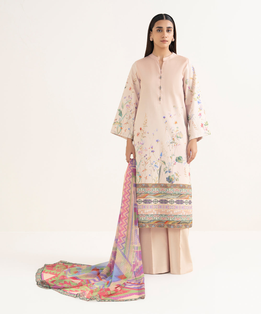 Women's Unstitched Lawn Printed Pink 3 Piece Suit