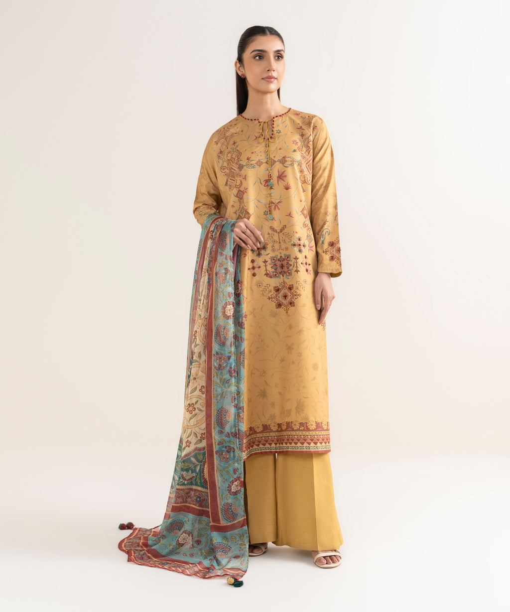 Women's Unstitched Lawn Printed Yellow 3 Piece Suit