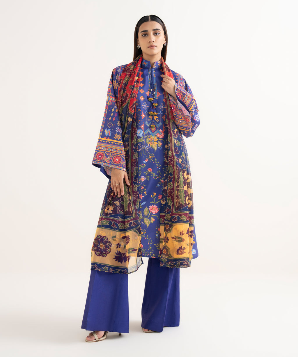 Women's Unstitched Lawn Printed Blue 3 Piece Suit