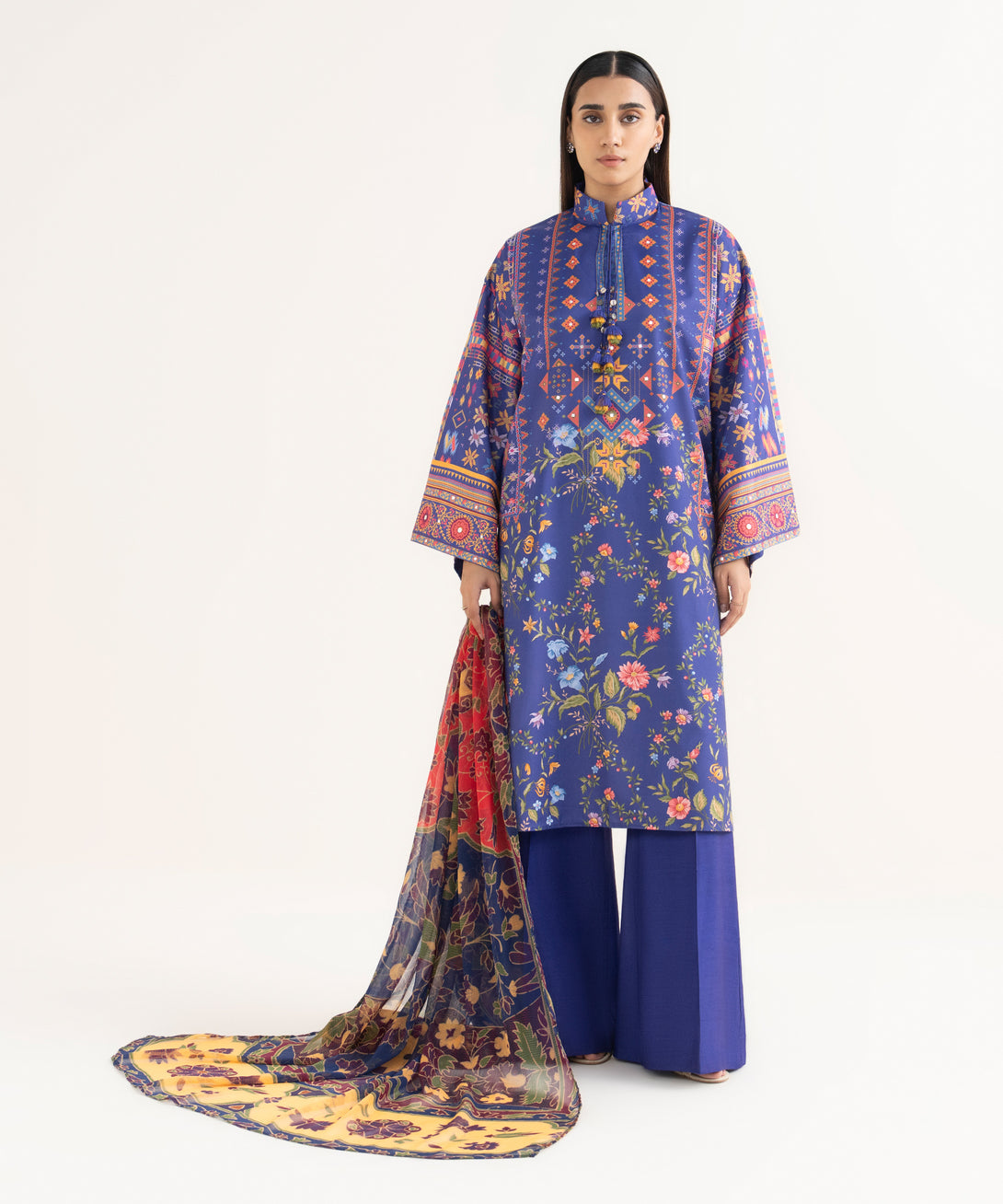 Women's Unstitched Lawn Printed Blue 3 Piece Suit