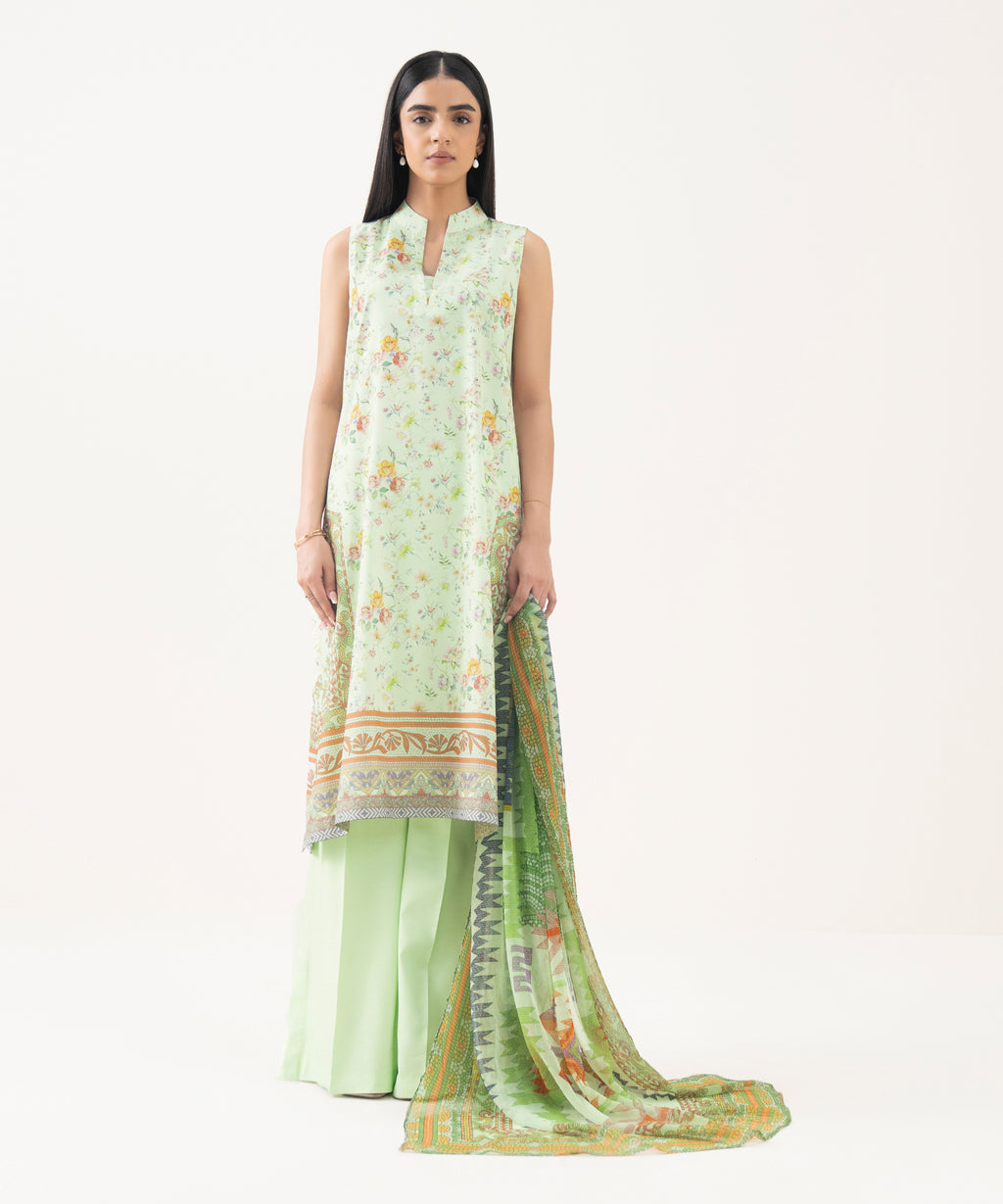 Women's Unstitched Lawn Printed Green 3 Piece Suit