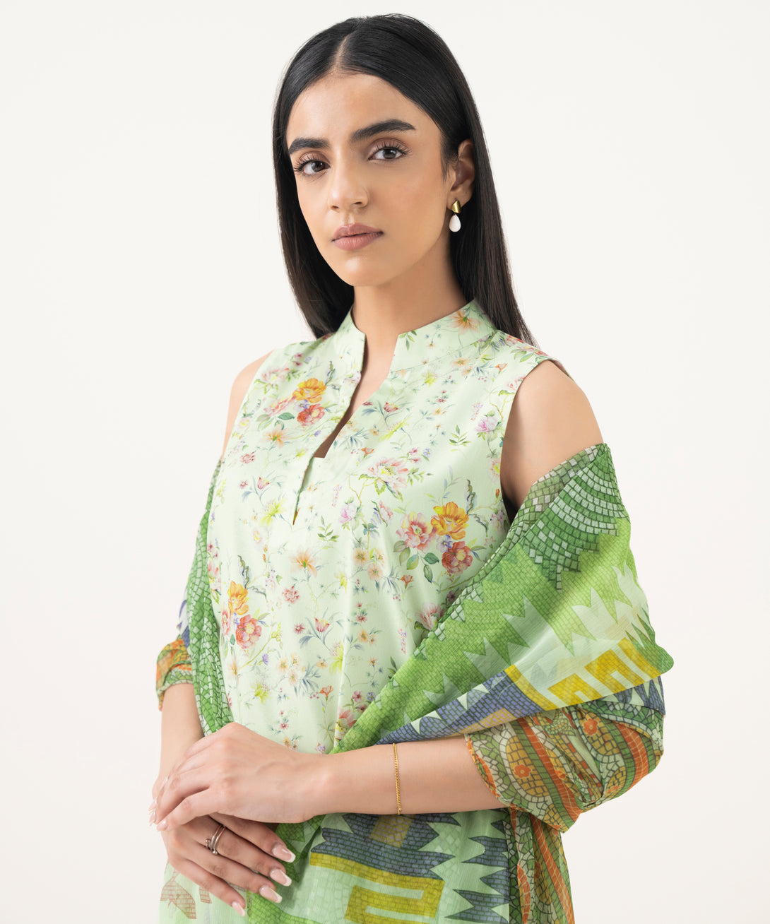 Women's Unstitched Lawn Printed Green 3 Piece Suit