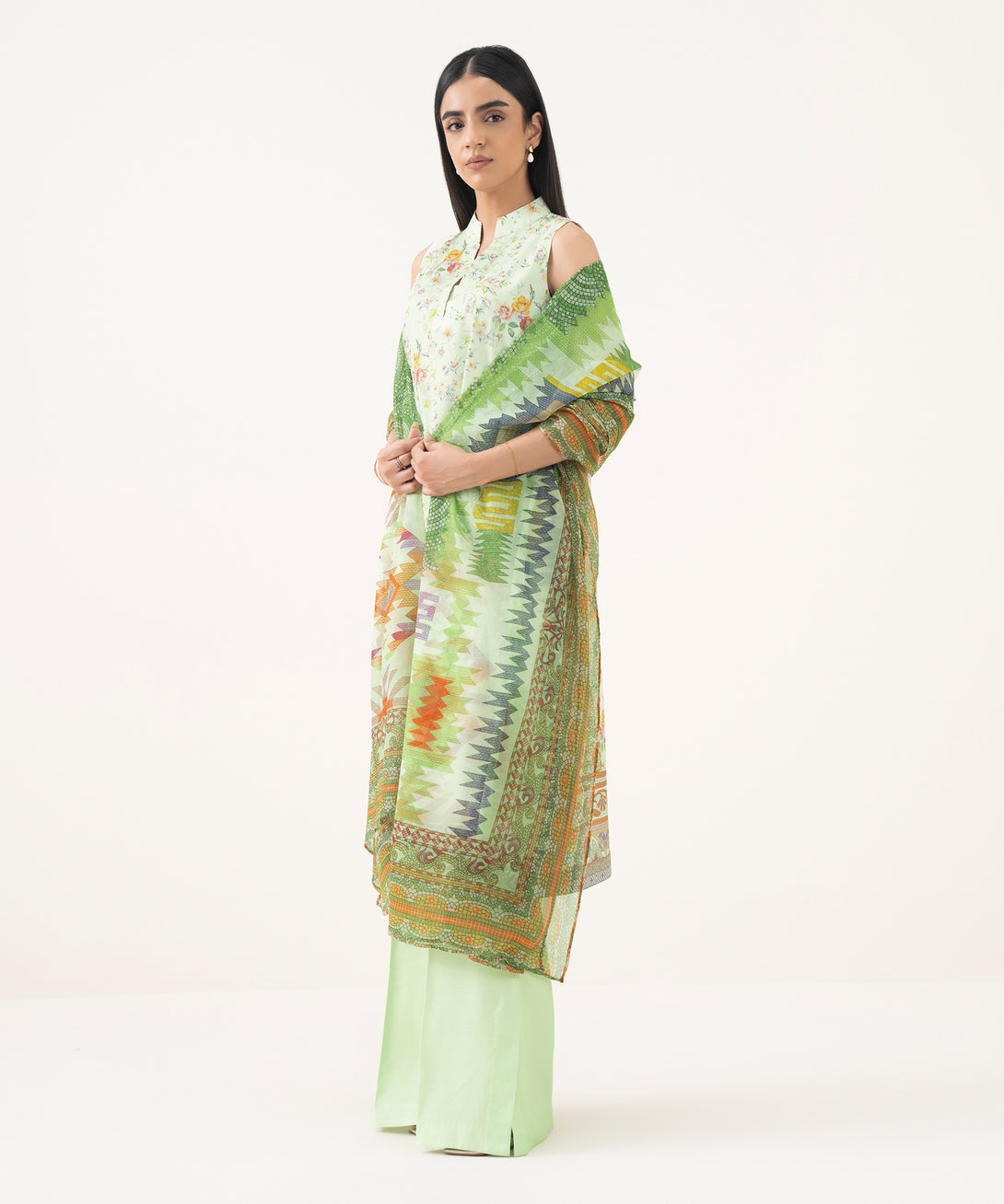 Women's Unstitched Lawn Printed Green 3 Piece Suit