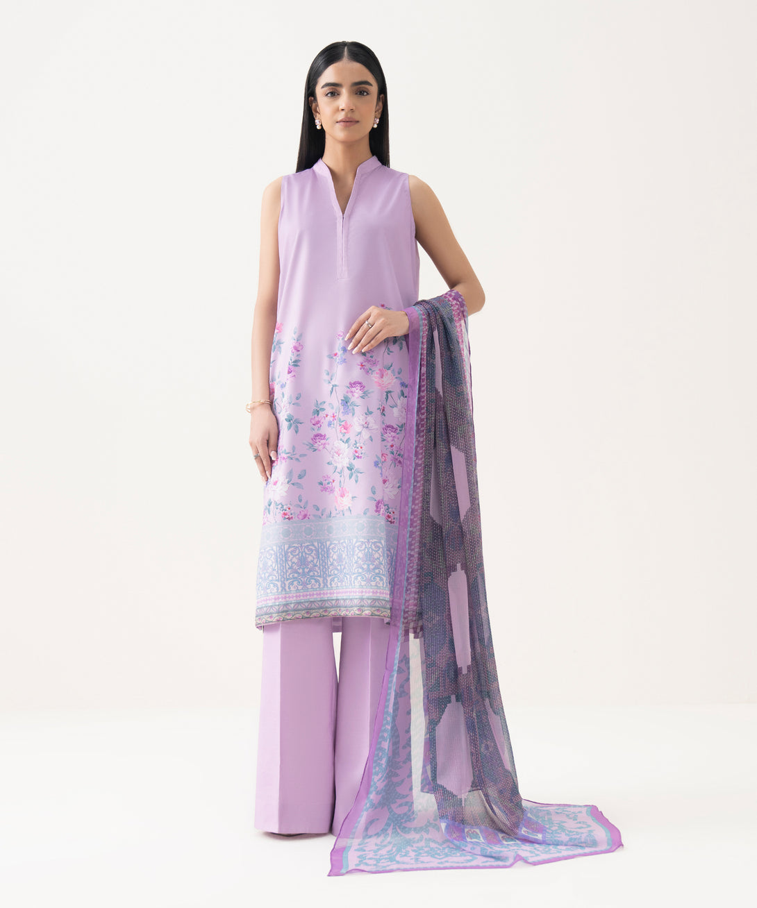 Women's Unstitched Lawn Printed Purple 3 Piece Suit