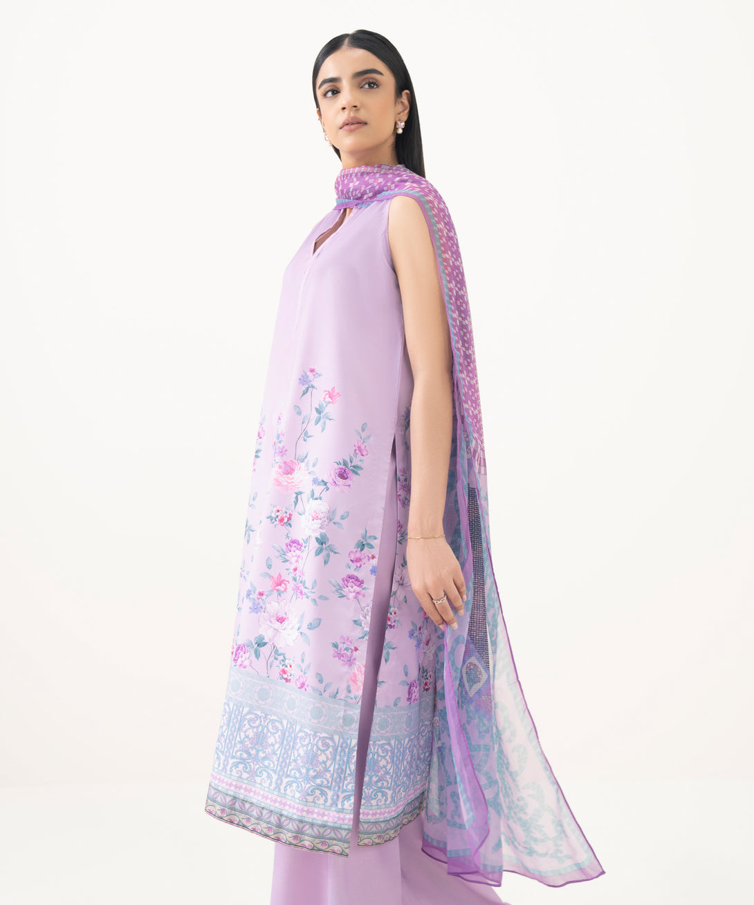 Women's Unstitched Lawn Printed Purple 3 Piece Suit