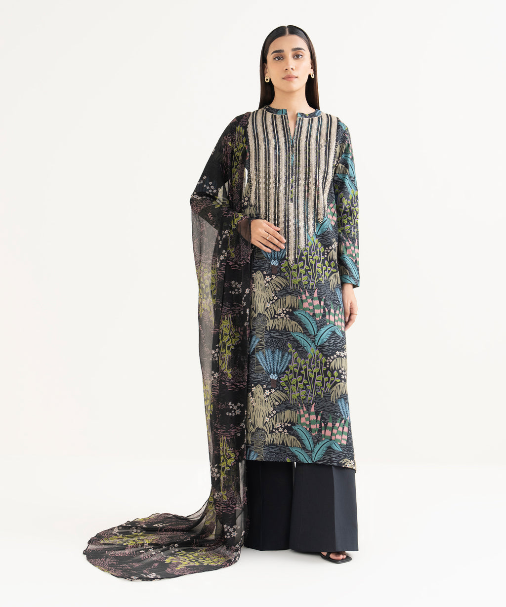 Women's Unstitched Lawn Embroidered Multi 3 Piece Suit