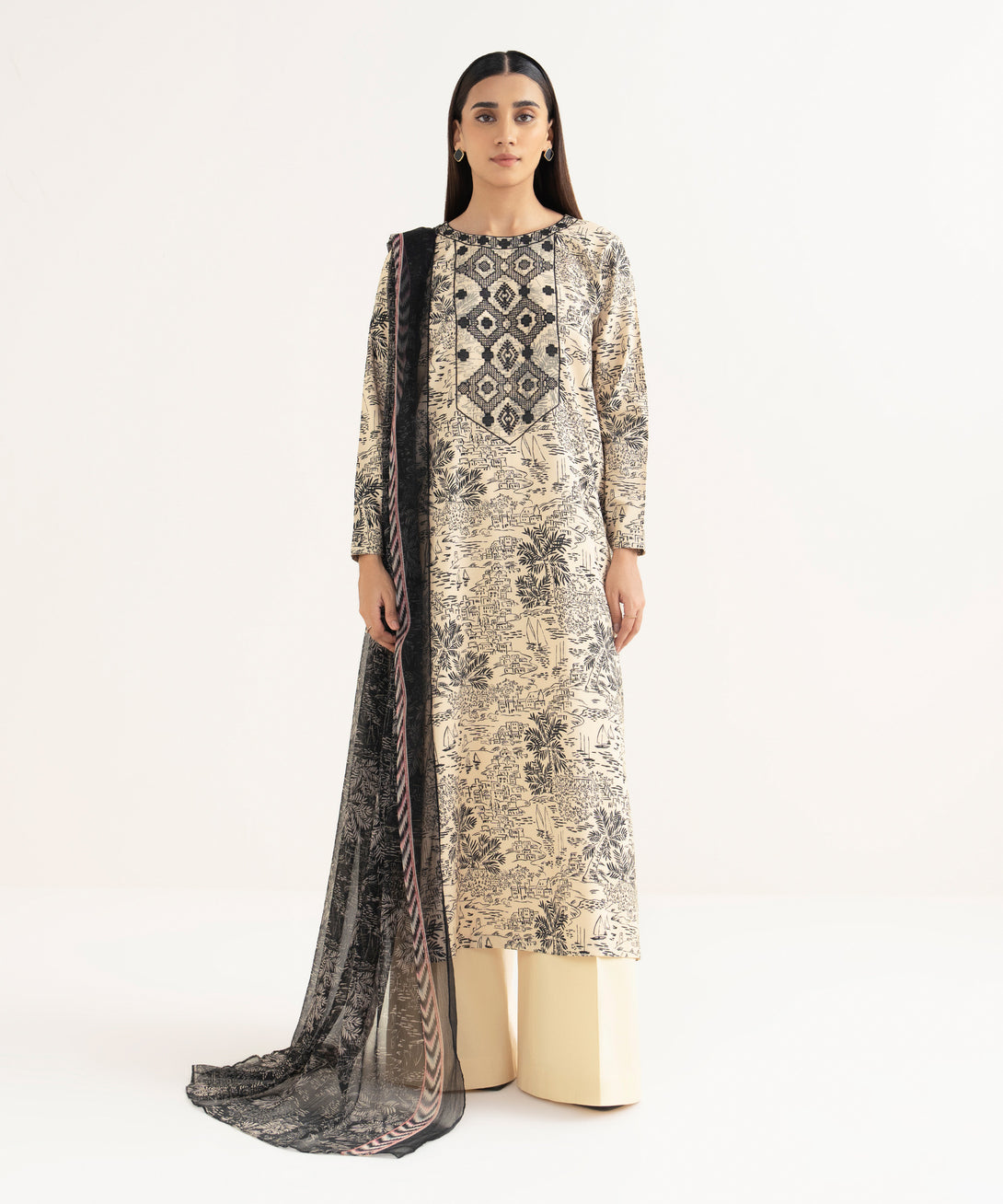 Women's Unstitched Lawn Embroidered Beige 3 Piece Suit