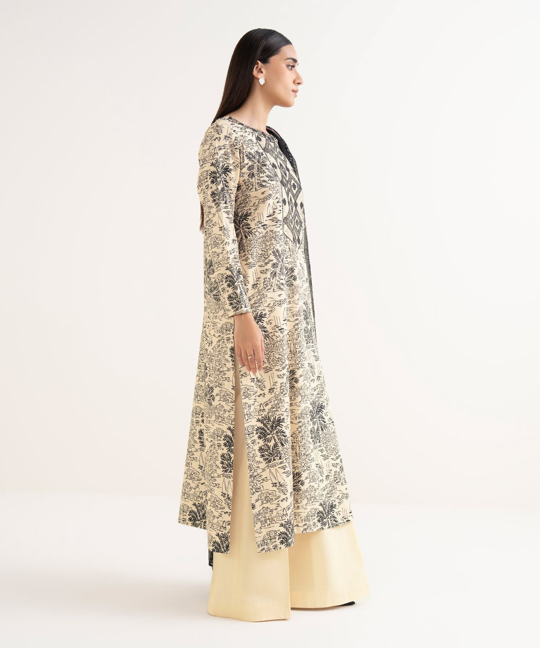 Women's Unstitched Lawn Embroidered Beige 3 Piece Suit