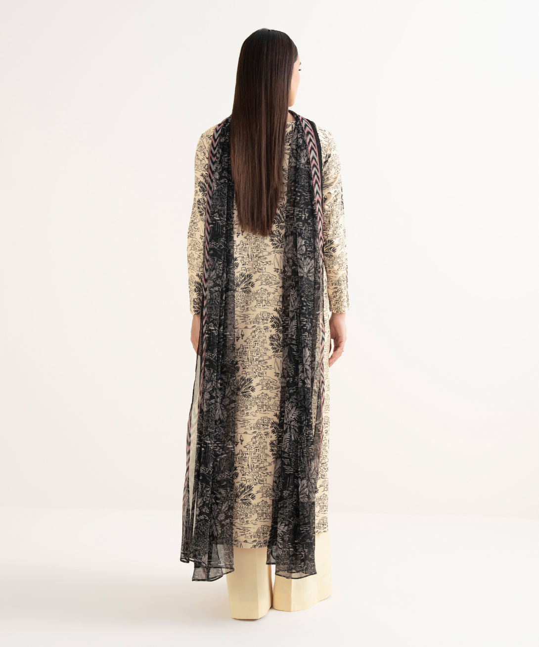 Women's Unstitched Lawn Embroidered Beige 3 Piece Suit