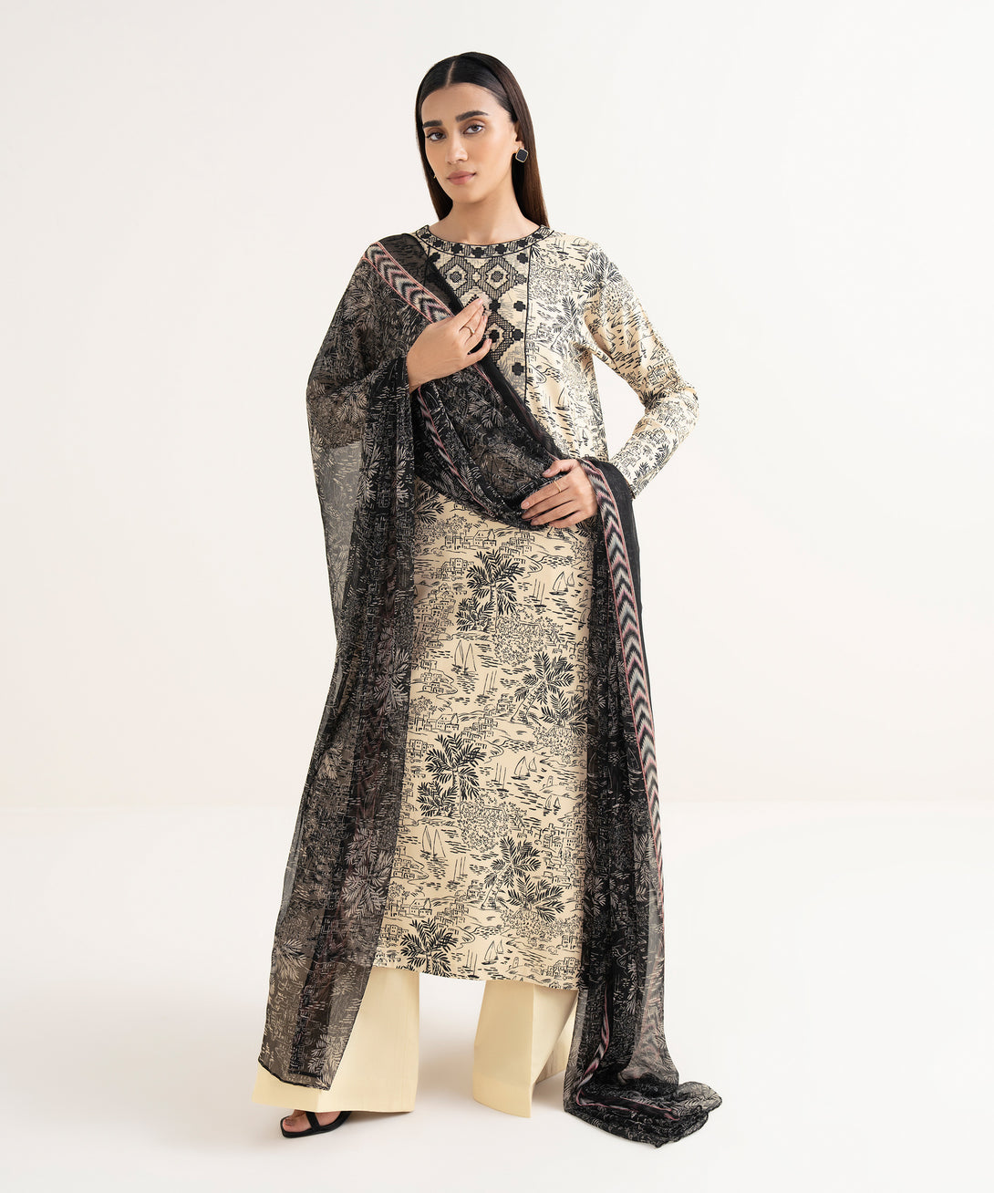 Women's Unstitched Lawn Embroidered Beige 3 Piece Suit