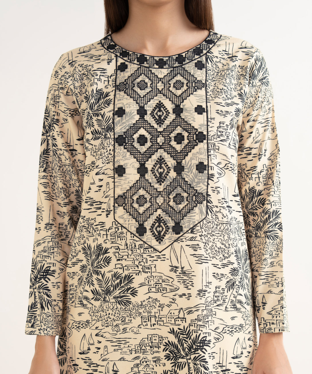 Women's Unstitched Lawn Embroidered Beige 3 Piece Suit